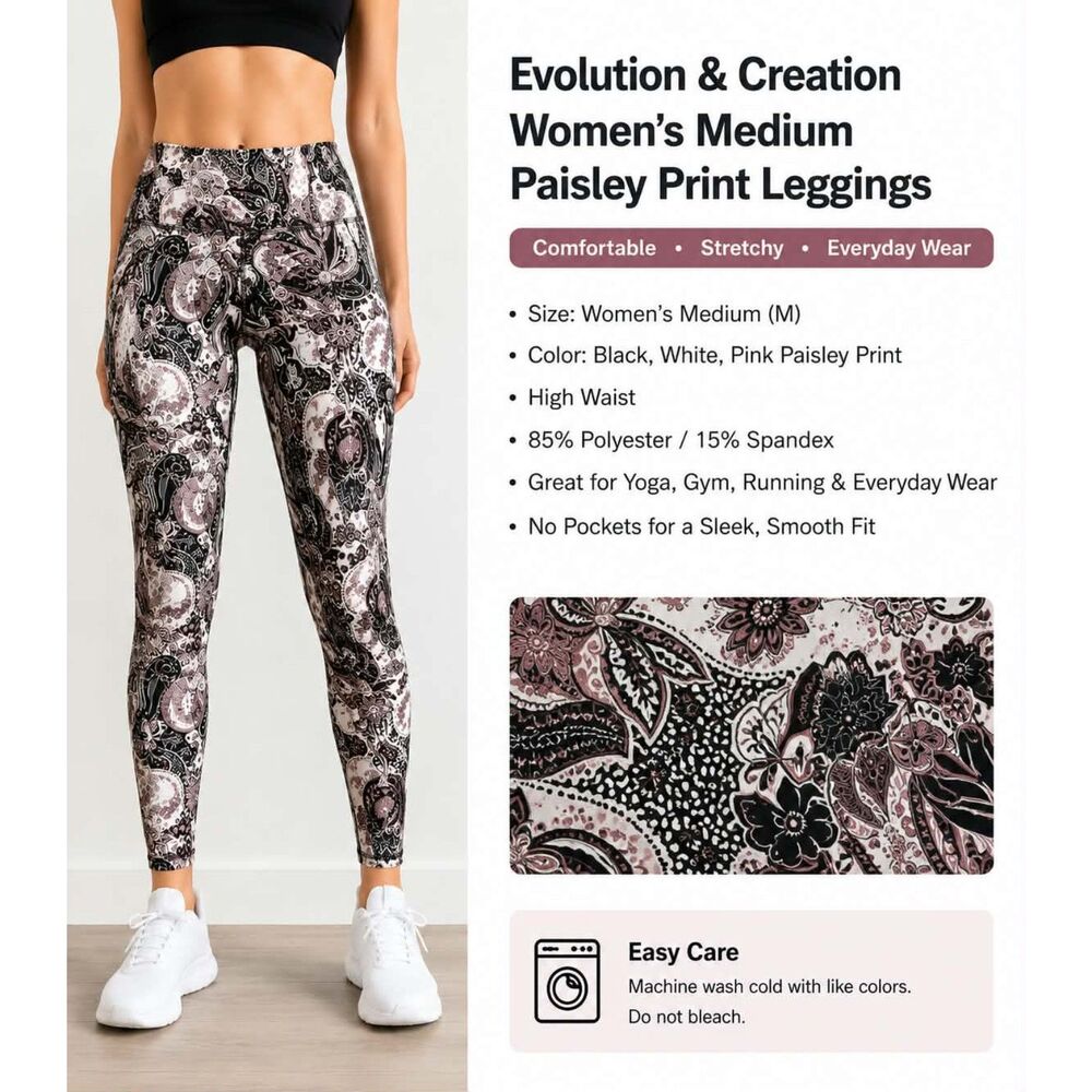 Evolution And Creation Leggings Size M Black Pink Paisley ankle